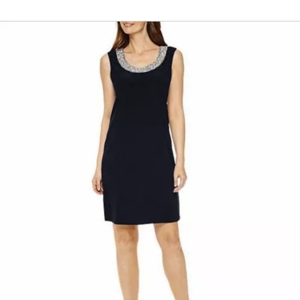 R&M Richards Black Dress with Beaded Neckline Sleeveless 16 16w